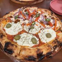 Half "Mar", half "La Mexa".  at Coral Vegan Pizza in Playa Del Carmen