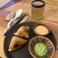Samosas with two dipping sauces   at Viriditas Cocina Vegana in Oaxaca