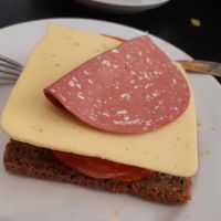 Vegan open sandwich with vegetables, vegan cheese and delimeat at Funkhaus in Cologne