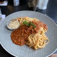 Vegan Linsen Bolognese with Cashew Parmesean  at Funkhaus in Cologne