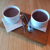 Traditional hot chocolate made with oat milk at Nordest Cafè in Puigcerda