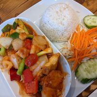 Sweet and sour tofu with rice at Taste of Thailand in Sheffield