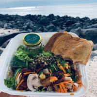 Salad and toast    at Green Island in Puerto Baquerizo Moreno