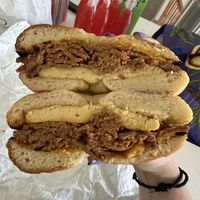 Toasted salt with pastrami, egg, and cheese (vegan)  at Pearl's Bagels & Bakery in Albany