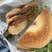 Build your own (hot): Plain bagel, vegan pastrami, vegan cheddar, arugula, tomato, vegan Russian dressing. I didn’t like that the arugula got hot/wilted. Might try cold next time at Pearl's Bagels & Bakery in Albany