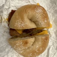 Pastrami, egg, and cheese on a toasted salt bagel - vegan   at Pearl's Bagels & Bakery in Albany