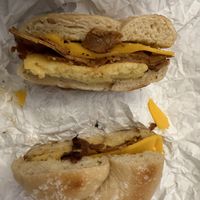 Pastrami, egg, and cheese on a toasted salt bagel - vegan   at Pearl's Bagels & Bakery in Albany