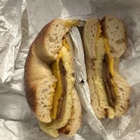 Pastrami, egg, and cheese on a toasted salt bagel - vegan   at Pearl's Bagels & Bakery in Albany