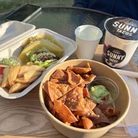 Vegan tacos combo, nachos, beniimo bubble tea  at Sunny Tacos in Okinawa