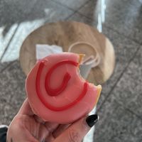 strawberry donut + chai oat latte  at Dunkin' - Ostbahnhof in Berlin