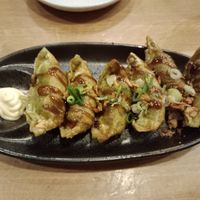 Okonomi Gyoza (non vegan mayo on the side! Normally served on top therefore veggie) very delicious Gyoza :) at Takumi Ramen Kitchen in Vienna