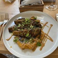 Roasted eggplant in sweet potato purree with tahinii  at TERRA in Funchal