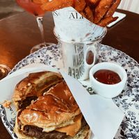 Vegan burger + sweet potato fries 🍟   at Soho House in Chicago