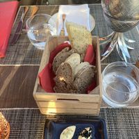 Excellent selections of breads with two butters   at The Market Restaurant in Albufeira