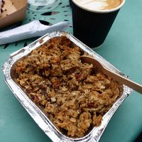 Mango crumble + Cappuccino at Supanta in Lima