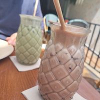 Cacao caramel iced drink and matcha iced latte at Neighbours in Tenerife