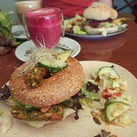 Green Beauty Bagel / Pink Oat Latte at Neighbours in Tenerife