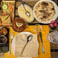 Veg Samosa, Chana Masala, rice and Roti bread at Namaste in Paris