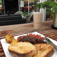 Big vegan breakfast and chai latte smoothie - yum! at CNR Cafe in Perth