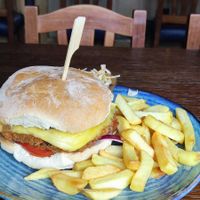 Bean burger with fries at The Engine House in Bunmahom