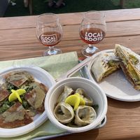 Strawberry no-hito N/A, scallion pancakes, dumplings and Crunchwrap   at The Boochyard @ Local Roots in Vista