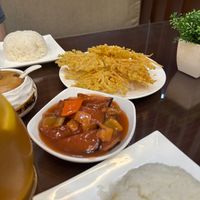 Sweet and sour vegetarian fish, some sort of mushroom dish, winter melon tea.  at Water Drop Teahouse in Metro Manila