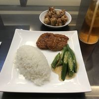 Vegetarian “steak” with rice, and wontons.  at Water Drop Teahouse in Metro Manila