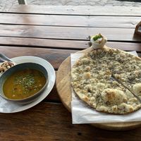 Two starters, pumpkin soup with the focaccia with hummus   at Valle Escondido in Monteverde