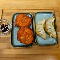 Galette kimchi and raviolis aux légumes. at Sodam in Paris