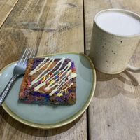 Rainbow blondie and chai latte  at Zola's Bakery in Galashiels