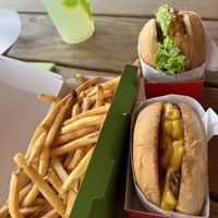This is the bbq bacon burger and buffalo chicken with fries and lemonade   at Plantees in Orlando