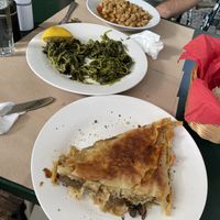 Mushroom Pai, herbs salad and chickpeas with vegetables.  at Vradeto Tavern in Vradeto