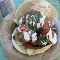 Falafel pita with tahini and grilled eggplant  at Mazel Cafe - مزال  in Marrakech