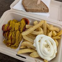 Vegan currywurst with fries and vegan mayo at FRA - Best Worscht in Town - T1 in Frankfurt