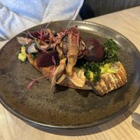 Avocado, beetroot and mushroom on sourdough bread  at The Marlborough in Glasgow