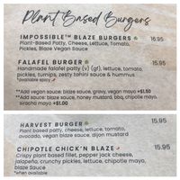 Plant based burger options   at Blaze Gourmet Burgers in Vancouver