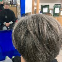 She removed the leftover brown so the gray could show thru!  at Bio Vegan Hair Salon in Siracusa