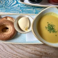 Lentil curried soup with bagel   at High St Merchants in Grantown On Spey