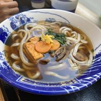 Vegan udon garnished with sweet tofu skin and mushroom  at Kamakiri Hakata Udon in Paris