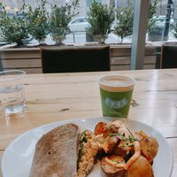 Vegan breakfast burrito and cinnamon oat latte. 👌 at LYFE Kitchen in Chicago