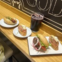 (Hot dog not vegan), tomato and white asparagus pinxto and a lentil burger pinxto  at Negresco in Bilbao