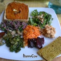 Vegetables, basmati rice, pumpkin-mushroom-fried onion pie at Cafe Ginger in Paris