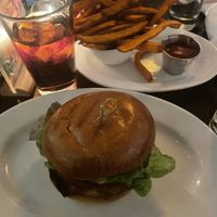 Impossible burger and sweet potato friess  at 5 Napkin Burger in New York City