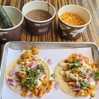 Vegan Jackfruit Tacos, Vegan beans, Vegan rice, and grilled jalapeño at Vatos Tacos + Tequila at The Foundry in Loveland
