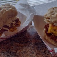 Breakfast sandwiches with homemade biscuits, tofu egg, chorizo, cheeze & mayo at The Chunky Scone in Highland Park