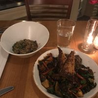 Szechuan eggplant and side of mushroom risotto   at Keenan's at the Pier in Bellingham