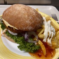 Vegan Jackfruit burger with fries (with vegan Mayo and chili)  at Mensa Morgenstelle in Tubingen