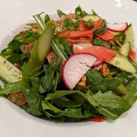 Asparagus, broccoli, Brussel sprouts, radish, arugula, cucumber, walnut and picked ginger salad at Cafe Сity in Baku