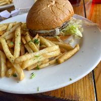 Vegan burger and crispy fries  at Radio Room in Portland