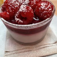Raspberry and elderflower mousse  at Saramago Cafe Bar in Glasgow